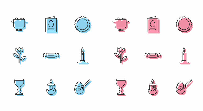 Set line Wine glass, Burning candle, Egg hot pot, Easter egg paint brush, Candy, candlestick, Flower tulip and Greeting card with Happy icon. Vector