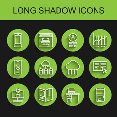 Set line Video chat conference, Open book, Mobile phone, Computer monitor and desk, Laptop, Cloud online library, Online and Network cloud connection icon. Vector