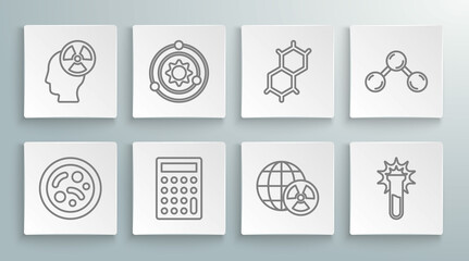 Set line Bacteria, Solar system, Calculator, Planet earth and radiation, Test tube flask, Chemical formula, Molecule and Head symbol icon. Vector