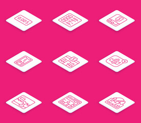 Set line Zero cost, Business finance report, Financial book, Mobile with dollar, Bank building, stock trading, Failure stocks market and Website growth graph icon. Vector