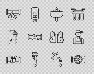 Set line Industry metallic pipe, and valve, Washbasin, Pipe adjustable wrench, Broken, Water tap and Plumber icon. Vector