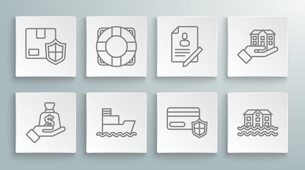 Set line Money in hand, Lifebuoy, Ship, Credit card with shield, House flood, Document, and Delivery security icon. Vector