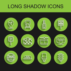 Set line Taxi car roof, Location, Safety belt, Traffic light, Gps device with map, taxi and Cable icon. Vector