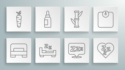 Set line Big bed, Essential oil bottle, Time to sleep, Sleepy, Bamboo, Bathroom scales and Carrot icon. Vector