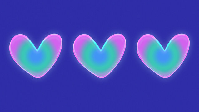 Glowing and gradient hearts, purple grain background. Cyber tecno aesthetic for background, banner and post.