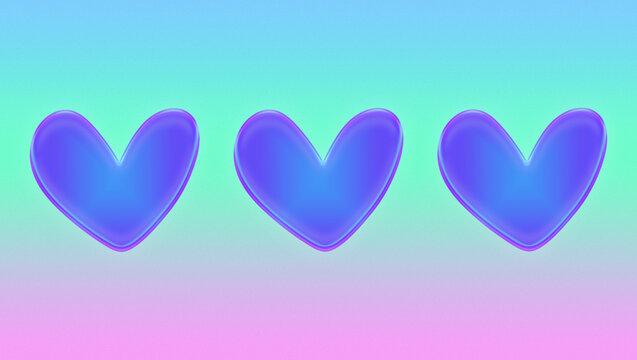 Glowing and gradient hearts, gradient grain background. Cyber tecno aesthetic for background, banner and post.