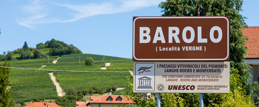 Barolo village road sign, Unesco site, Italy