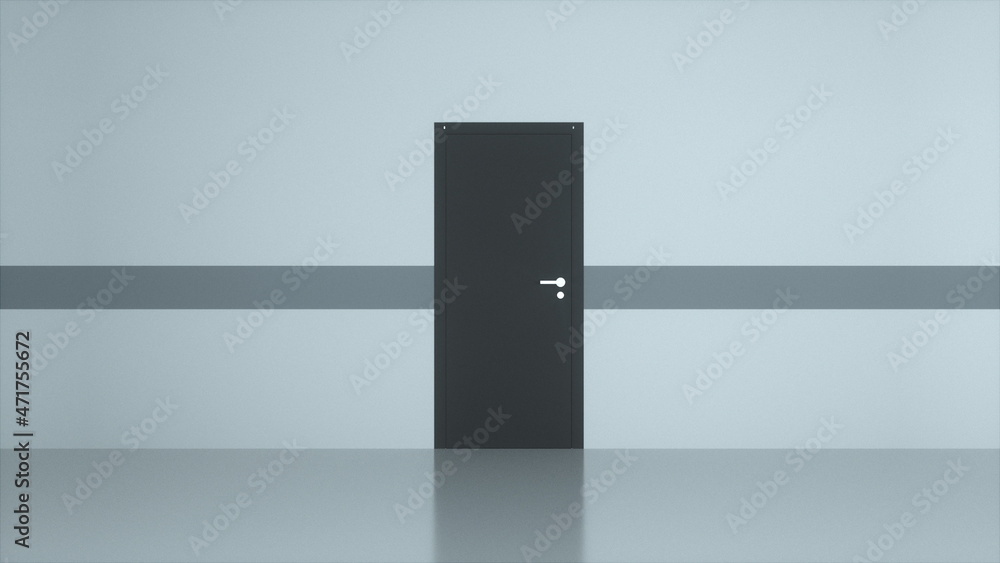 Poster empty corridor with open 3d render exit. concept of adjusting life situation and career luck. abstra