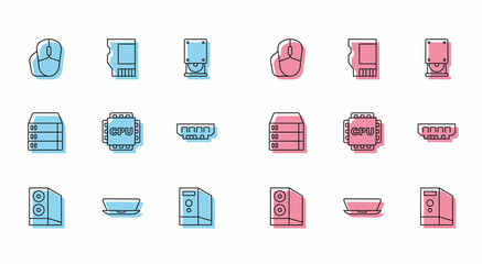 Set line Case of computer, Laptop, Computer mouse, Processor with CPU, RAM, random access memory, Server, Data, Web Hosting and SD card icon. Vector