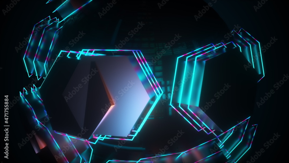 Poster digital geometric 3d render of shapes with abstract swirling lines and fractal debris. vibrant cyber