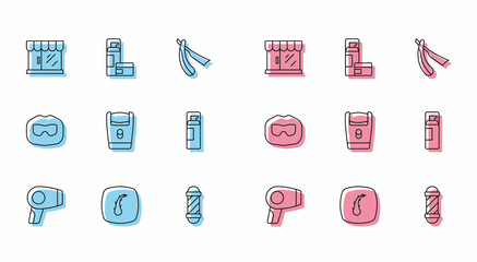 Set line Hair dryer, Human hair follicle, Barbershop building, Classic pole, Electric razor blade, Shaving gel foam, Mustache and beard and icon. Vector