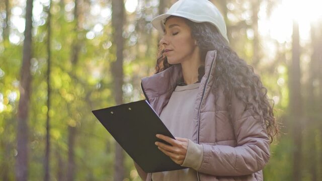 Millennial female technician ecologist looking up at treetops, Young indian woman in hardhat with clipboard taking measures checking trees. Forestry engineer in park. Supervising wildlife sanctuary.