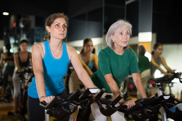 Fototapeta na wymiar Two mature women doing cardio workout at gym, training together on exercise bikes