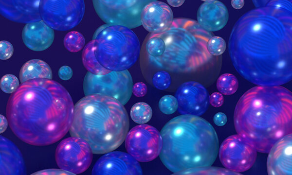 Chrome spheres with reflection of colored neon lights. Dark bubbles with color gradient for creative background. 3D Render.