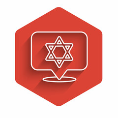 White line Star of David icon isolated with long shadow. Jewish religion symbol. Symbol of Israel. Red hexagon button. Vector