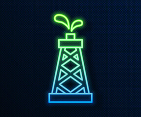 Glowing neon line Oil rig icon isolated on blue background. Gas tower. Industrial object. Vector