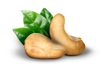Tasty cashew nuts and fresh green leaves on white background