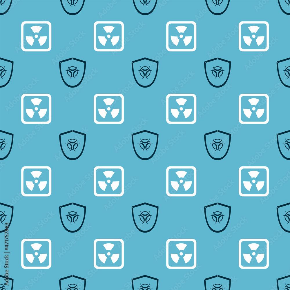 Aufkleber set biohazard symbol on shield and radioactive on seamless pattern. vector