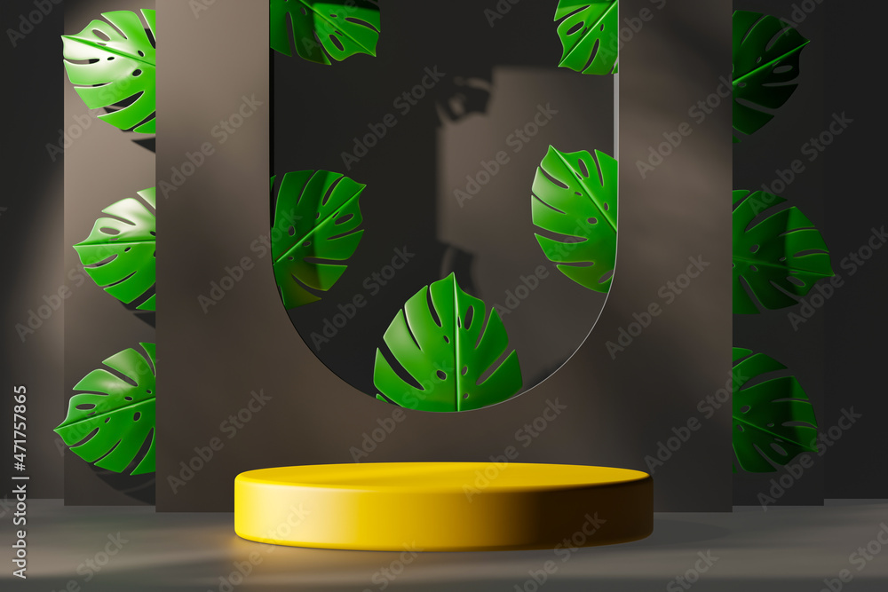 Poster 3d rendering empty yellow cylinder podium on dark grey background with monstera leaves. abstract sce