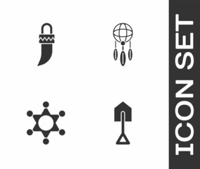 Set Shovel, Tooth, Hexagram sheriff and Dream catcher with feathers icon. Vector