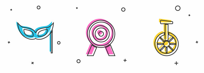 Set Festive mask, Target and Unicycle or one wheel bicycle icon. Vector © Oksana