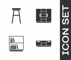 Set Furniture nightstand, Chair, Library bookshelf and Wardrobe icon. Vector