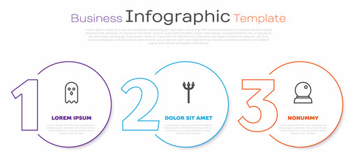 Set line Ghost, Neptune Trident and Magic ball. Business infographic template. Vector