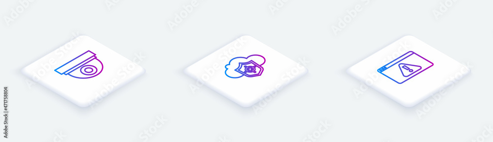 Poster set isometric line security camera, cloud and shield and browser with exclamation mark. white square