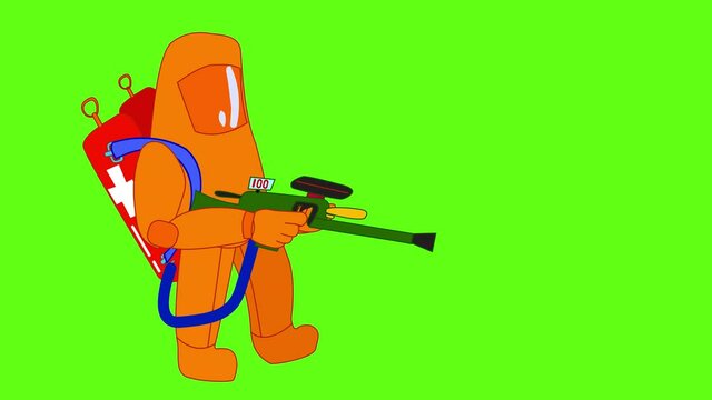 A snagged cartoon character in an orange spacesuit shooting a plasma weapon. The concept of a military doctor from an action game. A warlike man in a radioprotective suit, moving and shooting.