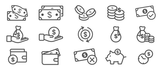Set of money or currency line art vector icons, such as, moneybags, wallet ,etc