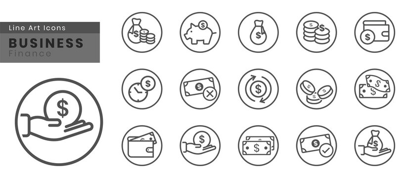 Rounded a money or currency line art vector icons, such as, moneybags, wallet ,etc
