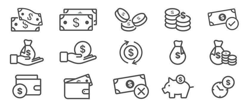 Set of money or currency line art vector icons, such as, moneybags, wallet ,etc