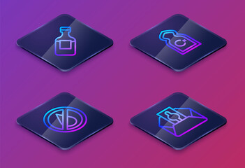 Set Isometric line Bottle of water, No, Muslim Mosque and Donate or pay your zakat. Blue square button. Vector