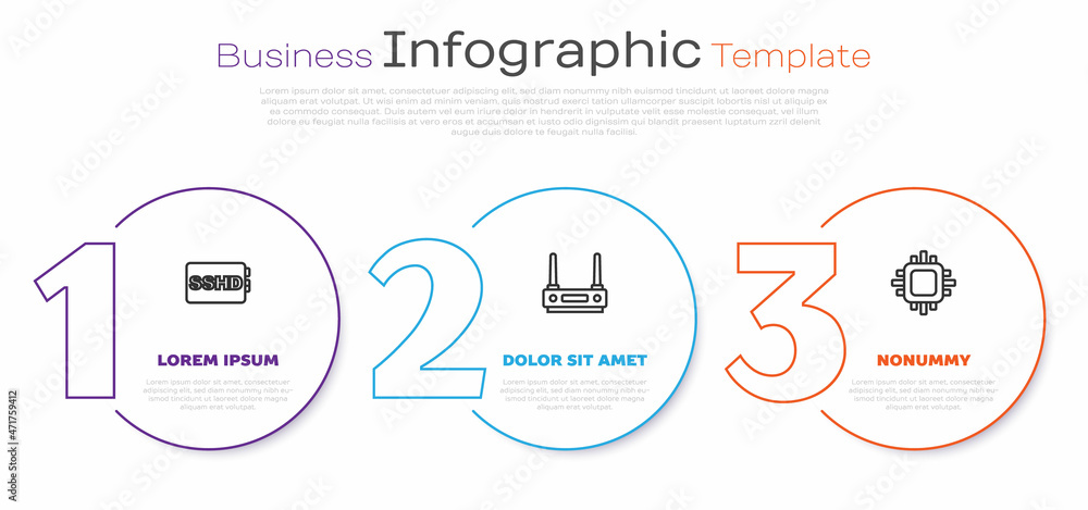 Poster set line sshd card, router and wi-fi signal and processor with cpu. business infographic template. v