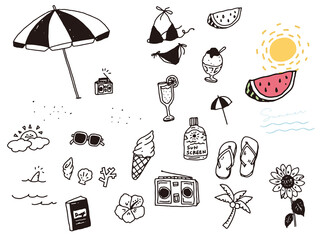 Fototapeta premium 白黒、モノトーン、線画のイラスト(手書き、オシャレ、雑誌、カフェ、ファッション、夏、ビーチ、バケーション) Illustrations of black and white, monotone, and line drawings.Handwritten, summer, beach, vacation.