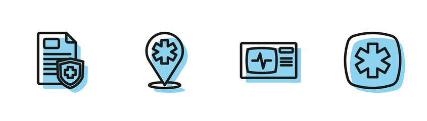 Obraz premium Set line Monitor with cardiogram, Patient record, Location hospital and Emergency - Star of Life icon. Vector