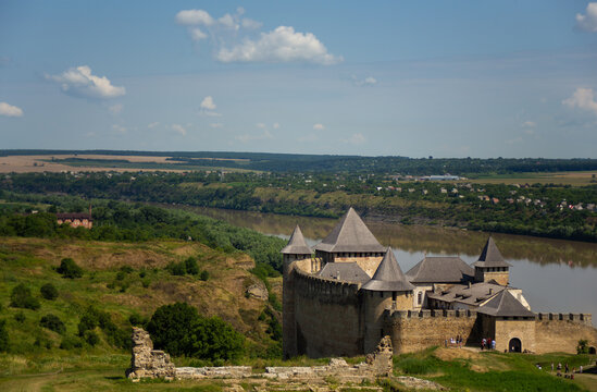 Old medieval castle in the city of Khotyn in the afternoon in summer