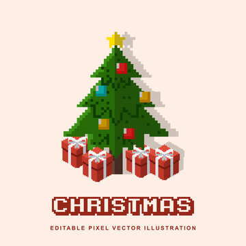 Pixel Christmas tree and gift box  creative design icon vector illustration for video game asset, motion graphic and others