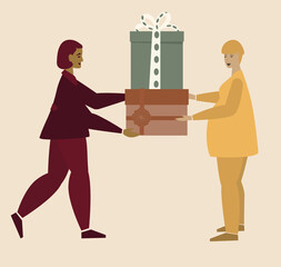 Pregnant woman  gets gifts Boxing Day design. Merry Christmas and Happy New Year. Pregnant woman  gets gifts Vector illustration