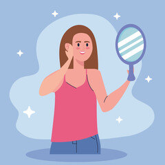 young woman looking at herself in the mirror