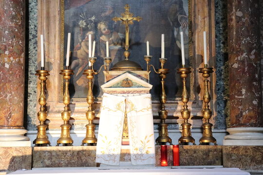 Santa Maria dell'Orto Church Altar Close Up with Tabernacle and Golden Candlesticks in Rome, Italy