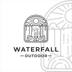 waterfall outdoor logo line art vector illustration template icon graphic design. simple minimalist of nature and adventure logo with badge emblem