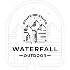 waterfall outdoor logo line art vector illustration template icon graphic design. simple minimalist of nature and adventure logo with badge emblem