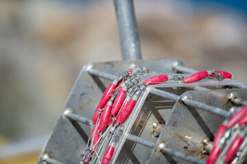 An industrial metal squid jigger with vibrant pink squid hooks or jigs. There are spikes on the...