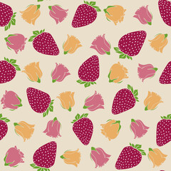 Vector strawberries and roses seamless pattern