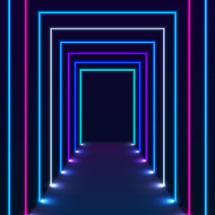Abstract tunnel with blue purple neon laser lines technology background. Vector design