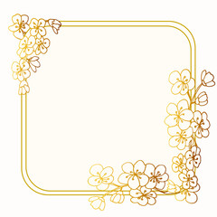 Floral square Golden Frame. Delicate Invitation design with Sakura.  Vintage Template. Vector illustration.
