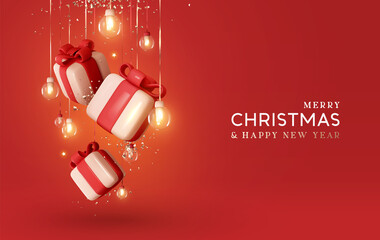 Merry Christmas and Happy New Year background. Realistic 3d Xmas design, falling gift boxes and golden confetti hanging on ribbon glass balls decoration light garland. Vector illustration - obrazy, fototapety, plakaty