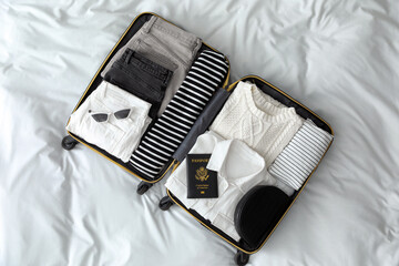 Open suitcase with clothes, passport and accessories on bed, top view