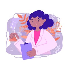 illustration of black women scientist with floral ornament behind